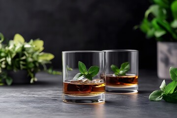 Two Glasses of Whiskey with Ice and Mint Garnish on Dark Table