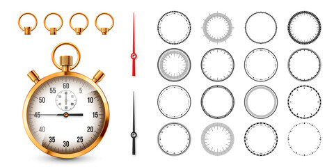 Naklejka premium Realistic classic stopwatch. Shiny golden metal chronometer, time counter with dial. Countdown timer showing minutes and seconds. Time measurement for sport, start, finish. Vector illustration