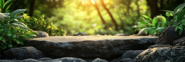 Obraz premium A natural stone podium surrounded by lush green leaves and bathed in soft sunlight