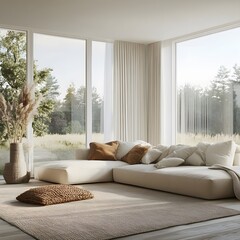 Minimalist, scandinavian home interior design of modern living room 2025. Bright family room with modern beige sectional sofa, soft textiles, and large windows overlooking a serene landscape. 