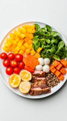 A vibrant plate featuring colorful fruits and vegetables, including mango, spinach, tomatoes, and sweet potatoes, alongside grilled meat and grains.