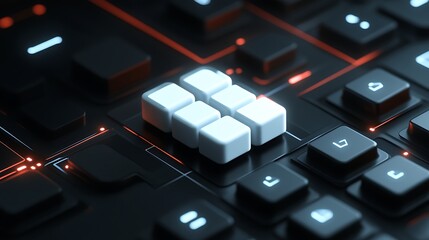 Cubes over a keyboard, glowing lines in the background