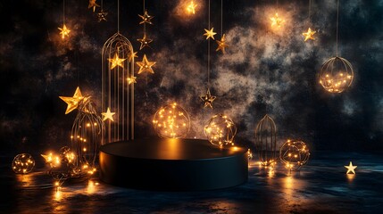 Obraz premium Dark Moody Product Display with Golden Stars and Lights