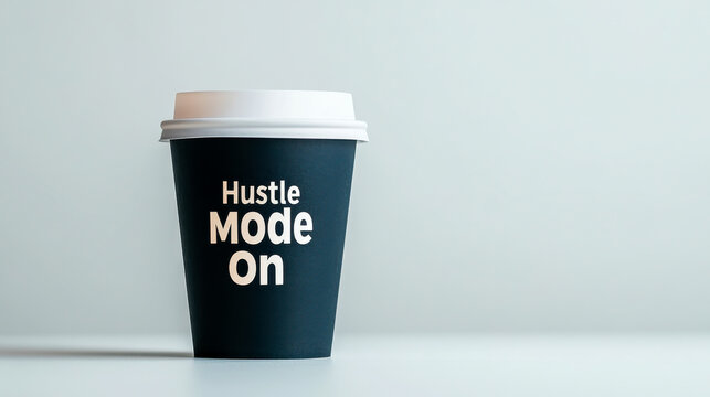 A sleek black coffee cup features the motivational phrase "Hustle Mode On," set against a minimalist background.