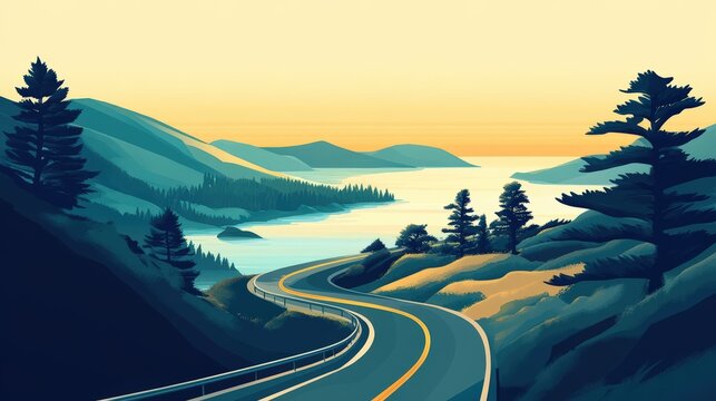 stylized vector art of a serene nature scene with gradient sky and a turquoise and yellow palette