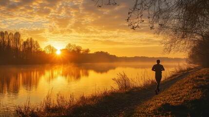 A lone person runs along a lakeside path during golden sunrise
