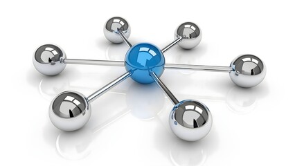 Metallic Network Sphere Design, Blue Core Connecting to Silver Nodes in a Minimalistic Style