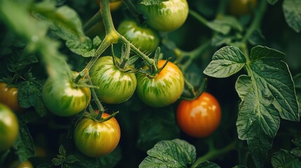 Obraz premium Ripe and green tomatoes on the branches of the bushes, isolated, close-up, generative AI.