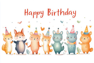 whimsical watercolor painting of marching animals wearing party hats and holding streamers