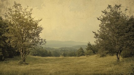 Fototapeta premium Trees standing on a grassy hill with mountains in the distance