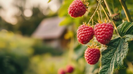 Ripe red raspberries growing in a lush garden with a cottage in the background and blurred greenery, providing ample Copy Space for text.