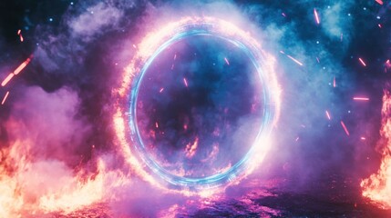 Obraz premium Neon Ring Portal in Firey Smoky Environment