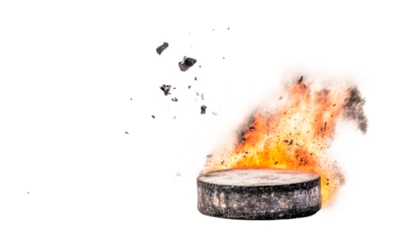 Hockey puck explosion with dramatic flames and debris in motion, cut out