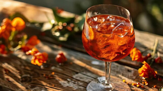 italian spritz cocktail in big glasses with orange on wooden table