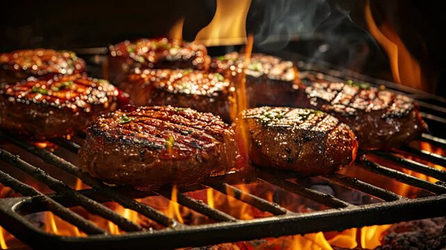colorful, tasty meat burger with fire in background, fast food concept