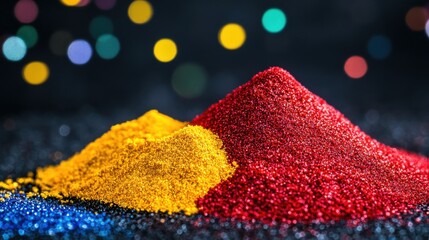 Fototapeta premium Vibrant Colorful Powder Piles with Bokeh Background in Dark Setting