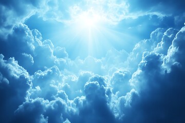 Ethereal beams of goldenwhite light breaking through dark storm clouds creating a dramatic celestial opening with soft rays illuminating the misty atmosphere below suggesting divine presence