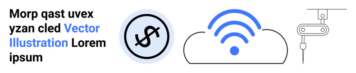 Dollar icon, cloud with wireless signal and robotic arm. Ideal for finance, technology, connectivity, automation, smart systems, wireless tech, simple landing page
