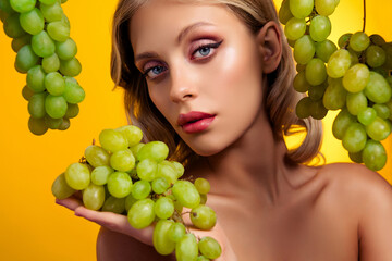 Photo of lovely pretty girl model holding grape cluster perfect skin isolated on yellow pastel...