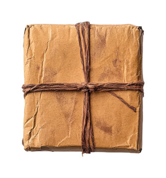 Rustic brown paper package with twine string tied in a classic knot, cut out