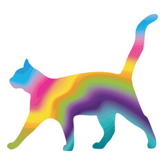 Silhouette of a cat walking with tail upright in bright rainbow colors. Colorful cat icon isolated on a white background.