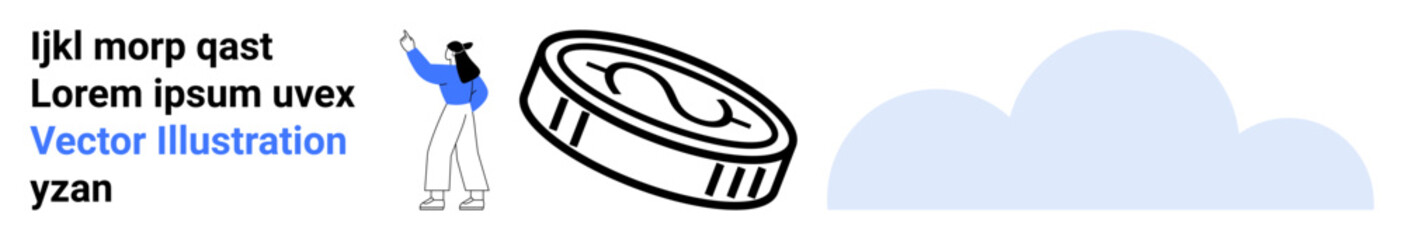 Woman gestures at floating coin with financial symbol near blue abstract cloud. Ideal for finance, savings, investment, cloud solutions, digital currency, financial growth, simple landing page