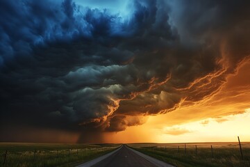 Intriguing clouds swirling in the twilight sky highlighting the vibrant colors during sunset : Generative AI