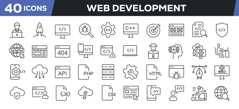 Web development icons set. Web line icons collection related coding, programmer, app, website, api. Editable stroke. Perfect pixel vector illustration isolated on white background.
