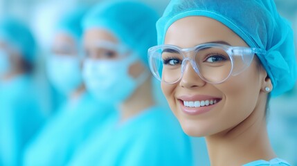 Smiling female healthcare professional wearing surgical attire and protective eyewear, standing with a medical team in a modern clinical environment, emphasizing teamwork and professionalism.

