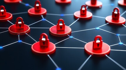 Network security with red locks, protection and dark background