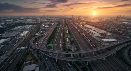 Naklejka premium Aerial view of a busy transportation logistics hub at sunset