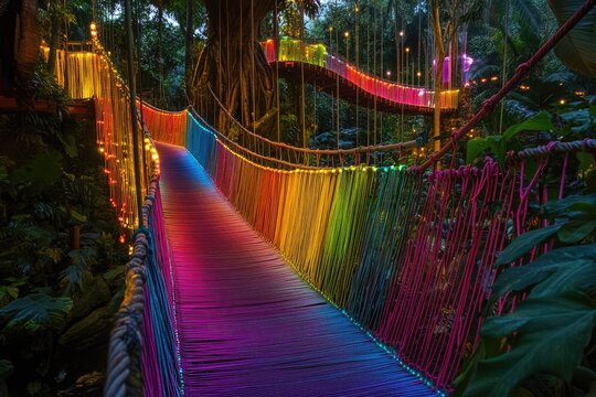 Fototapeta Rainbow rope bridge at night in lush jungle