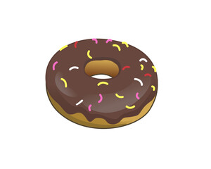 An appetizing depiction of a glazed donut coated with chocolate icing and colorful sprinkles, perfect for food themes and bakery advertising.