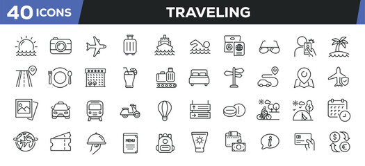 Traveling  icons set. Web line icons collection related tourism, holiday, vacation. Editable stroke. Perfect pixel vector illustration isolated on white background.