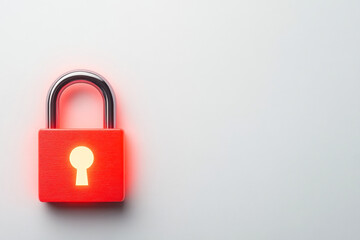 Fototapeta premium A bright red padlock with a keyhole glows against a neutral background, symbolizing security and protection.