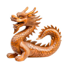 Fototapeta premium Intricate wooden dragon sculpture with scales and curved tail, cut out