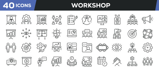 Workshop icons set. Web line icons collection related teamwork, training meeting, coaching, seminar. Editable stroke. Perfect pixel vector illustration isolated on white background.