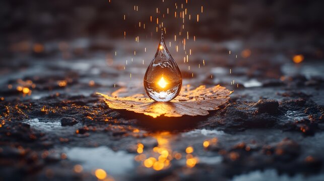 Luminous Water Drop on Autumn Leaf,  AI-Generated Fantasy Art