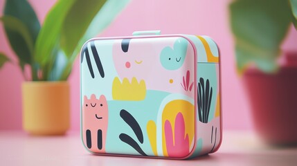 Minimalist lunchbox with colorful abstract shapes and quirky cartoon characters, set on a pastel pink tabletop with soft-focus decorative plants in the background