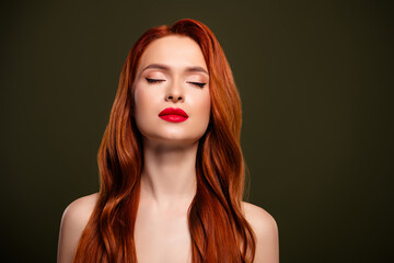 Fototapeta premium Photo of stunning adorable lady silky skin closed eyes copy space isolated khaki color background