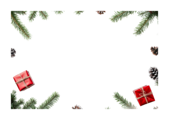 Red gifts and pinecones with evergreen branches for festive holiday decoration, cut out