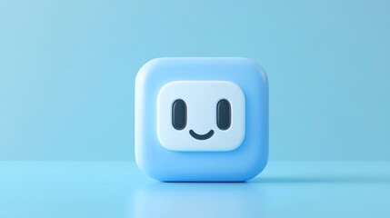 3D Rendered Cube with Friendly Face Design on a Soft Blue Background Minimalist Style Modern
