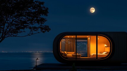 Modern Cabin Night Scene Ocean View