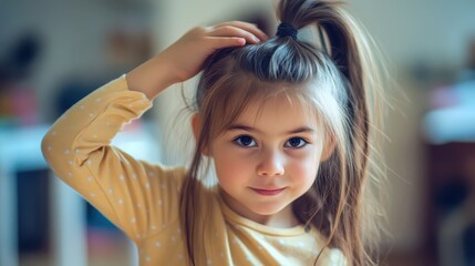 A young girl with brown hair smiles playfully at the camera