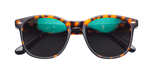 Stylish tortoiseshell sunglasses with teal lenses, cut out