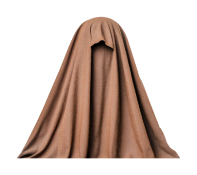 Spooky headless phantom draped in brown cloak with covered face, cut out