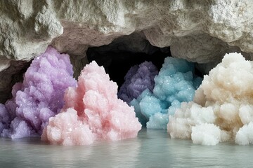 Pastel-colored crystal formations rise from a cave pool