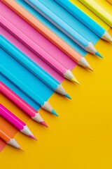 Obraz premium Many colorful pastel pencils on color background, drawing supplies banner, children paint, drawing school