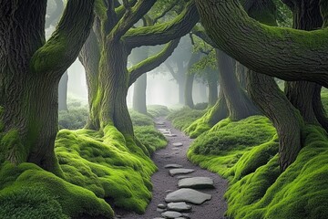 Mystical moss-covered path winds through ancient, fog-shrouded forest
