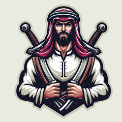 Vector illustration of a colorful Arabian man mascot emblem logo in EPS10 format on a transparent isolated clipart background with a white base, perfect for design projects